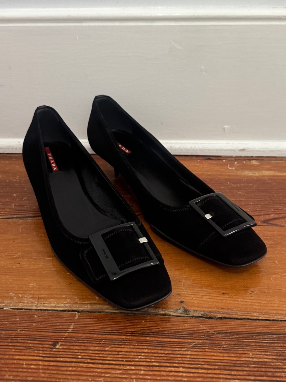 Y2K Prada Kitten Heels Pumps Black Suede Buckle Square Toe Shoes Italy 38 / 8